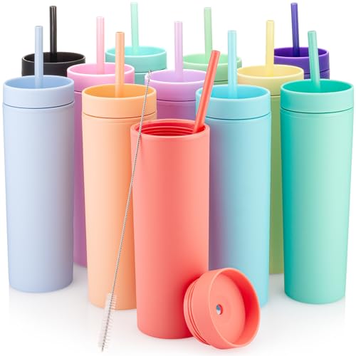 12 Pack Multicolor Skinny Tumblers with Lids and Straws