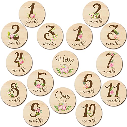 16-Piece Wooden Baby Month Milestone Cards & Discs Set - Flower Design