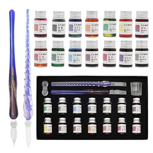 18-Piece Glass Dip Calligraphy Pen Set with 14 Color Inks and Crystal Glass Pens
