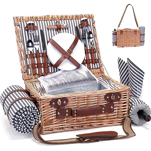 2-Person Wicker Picnic Set with Insulated Cooler Bag