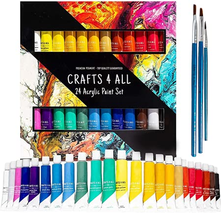 24 Pack Acrylic Paint Set with 3 Brushes