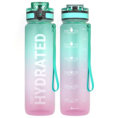 32oz Motivational Sports Water Bottle with Time Marker - BPA Free