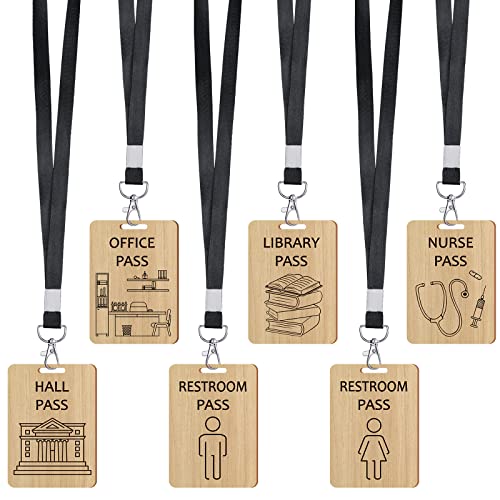 6 Sets Hall Pass Lanyards and Unbreakable Wooden School Passes