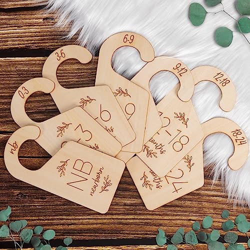 Adorable Baby Closet Dividers - Set of 7 Wooden Size Hangers for Nursery