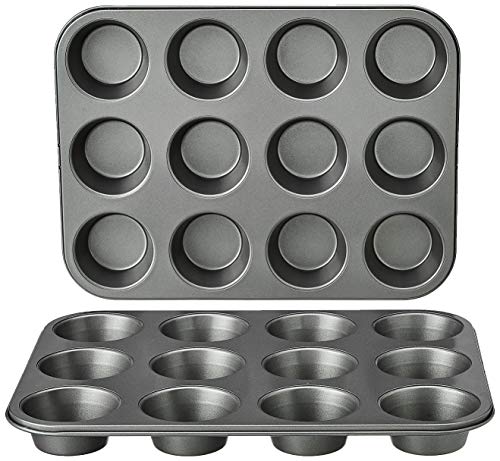 Amazon Basics Nonstick Round Muffin Pan, 12 Cups, Set of 2, Gray