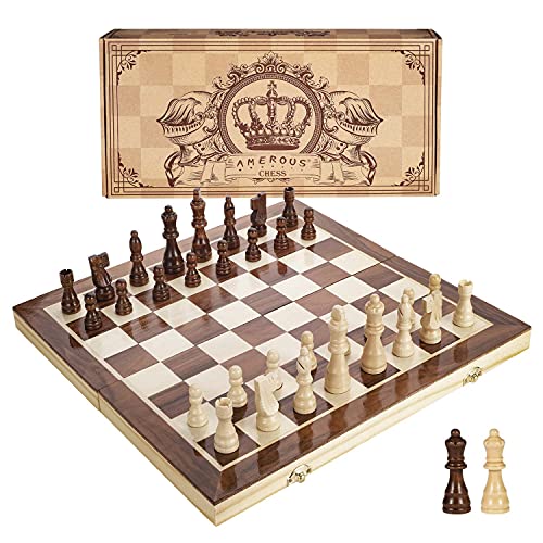AMEROUS 15" Magnetic Wood Chess Set - 2 Extra Queens - Portable Game for Kids 6+