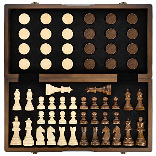 AMEROUS Magnetic Wooden Chess and Checkers Game Set