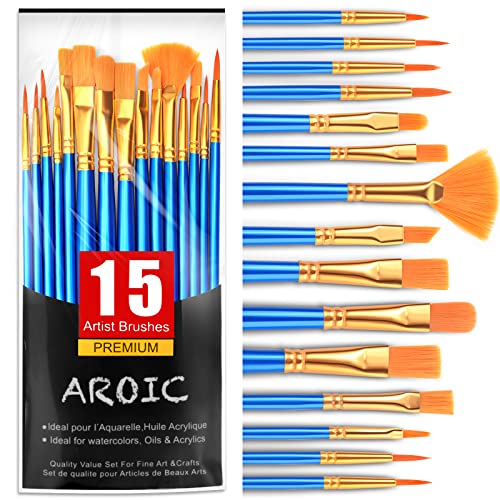 AROIC 15-pcs Nylon Hair Paint Brushes for All Purpose Painting
