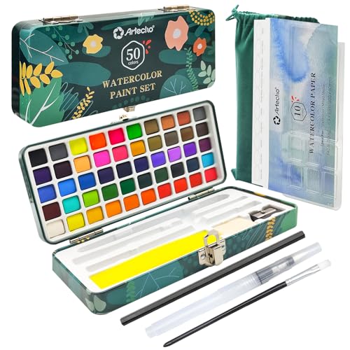 Artecho 50 Color Watercolor Set with Portable Box, Pallet, Papers, and Brushes