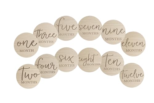 Baby Milestone Photo Cards, Double Sided Monthly Prop Discs, Light Wood