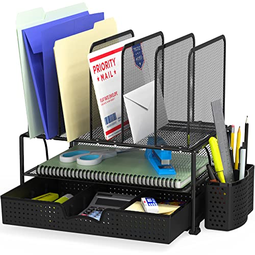 Black Mesh Desk Organizer with Drawer and Upright Sections