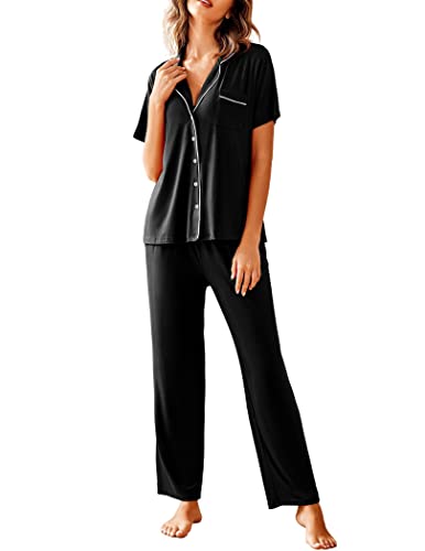 Black Short-Sleeve Long Pjs Soft Sleepwear,Large