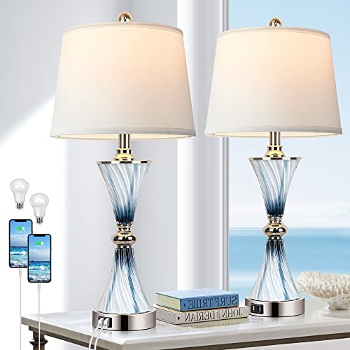 Blue Glass Bedside Lamps with USB Ports