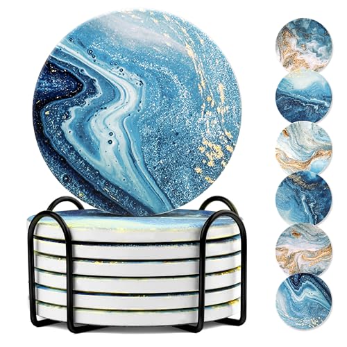 Blue Ocean Marble Coaster Set with Holder, Set of 6