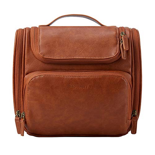 Brown Leather Travel Toiletry Bag with Hanging Hook- BAGSMART