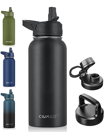 CIVAGO 32 oz Stainless Steel Insulated Water Bottle with 3 Lids, Black