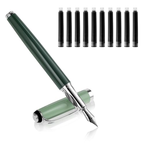 Cobee Metal Fountain Pen Set with 10 Black Ink Cartridges, 0.5mm Nib, Green