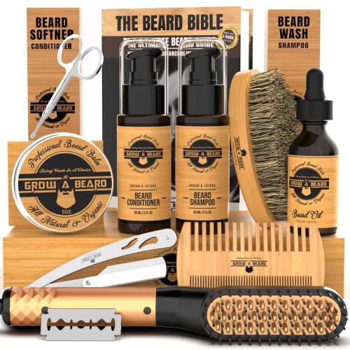 Complete Beard Grooming Kit with Growth Oil, Balm, Wash, Brush & Comb