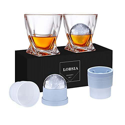 Crystal Bourbon Glasses with Ice Ball Molds - 11oz Old Fashioned Set in Gift Box