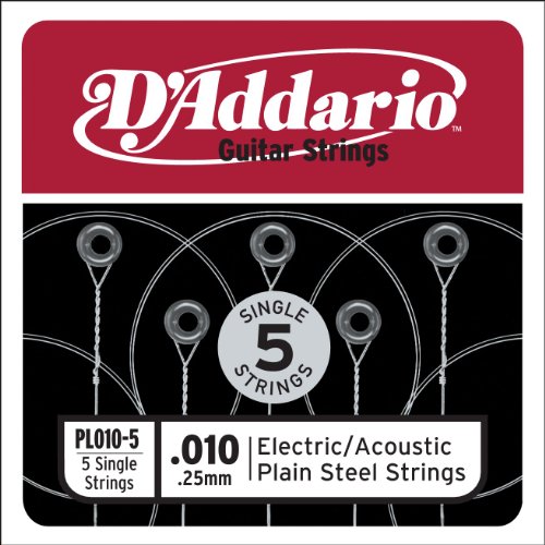 D'Addario PL010-5 Plain Steel Guitar Single String, 010 5-pack