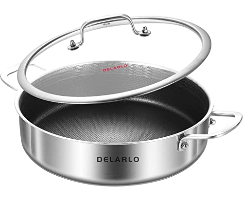 DELARLO 6 Quart Tri-Ply Stainless Steel Saute Pan with Lid