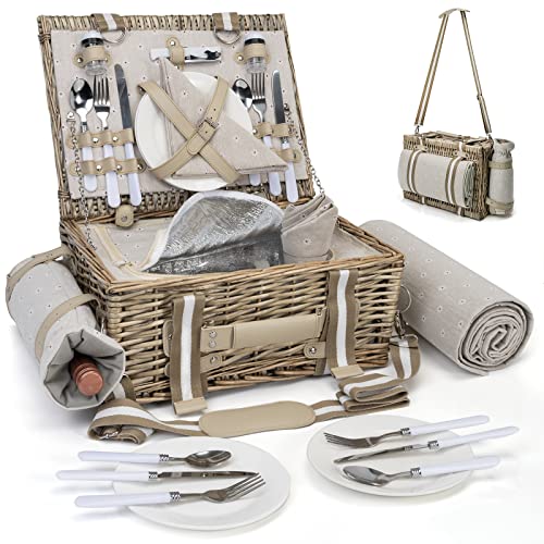 Deluxe Picnic Basket Set for 4 with Insulated Liner and Waterproof Blanket