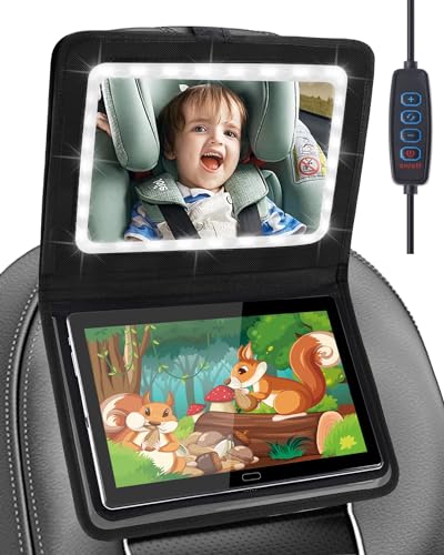 DESCHEN Baby Car Mirror with Light & Tablet Holder