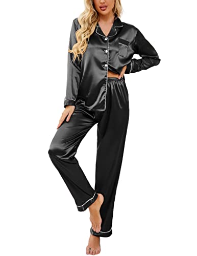 Ekouaer Women's Satin Long-Sleeve Pajama Set - Black, Small