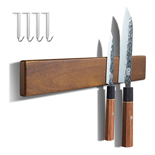 ENOKING 16 Inch Acacia Wood Magnetic Knife Holder with 4 Hooks