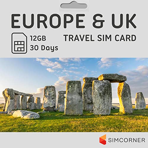EUUK Travel SIM: 12GB Data, Unlimited SMS & Minutes, 30-Day Prepaid Card