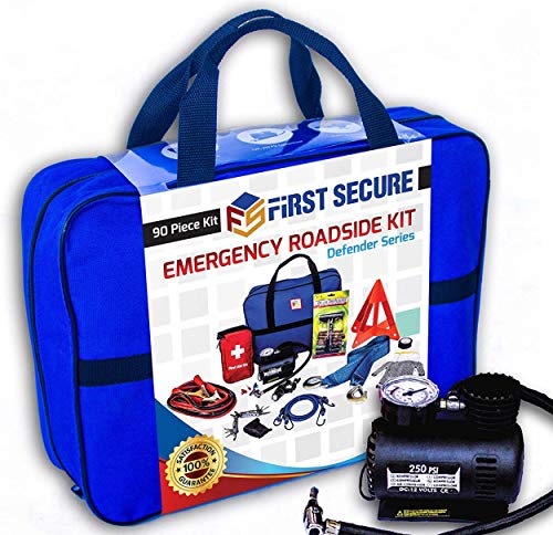 First Secure 90 Piece Car Emergency Roadside & First Aid Kit