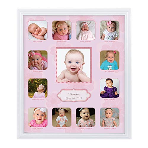 First Year Baby Photo Frame in Pink White Wood