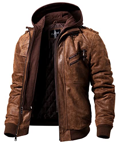 FLAVOR Men's Brown Leather Motorcycle Jacket with Removable Hood - Large, Brown