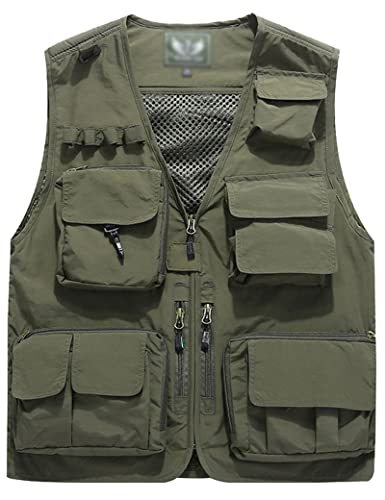 Flygo Men's Lightweight Outdoor Travel Fishing Vest Jacket, Army Green