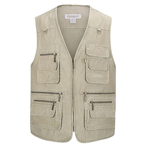 Flygo Men's Multi-Pocket Plus Size Vest (Khaki, Large)