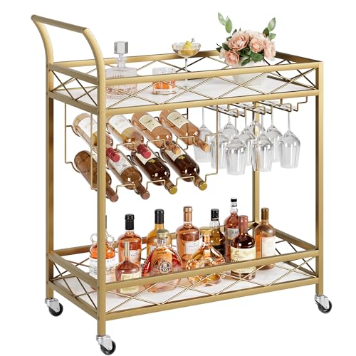 Gold 2 Tier Bar Cart with Wine Rack & Glass Holder