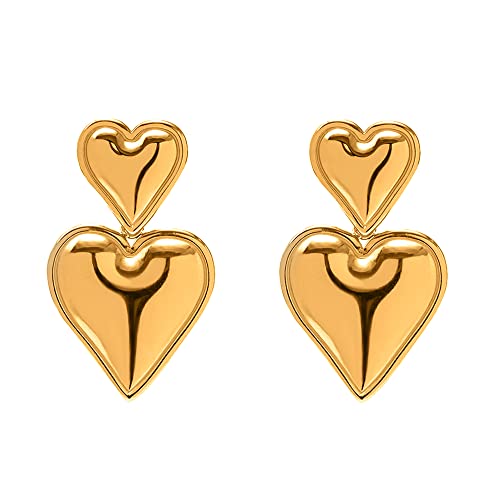 Gold Double Heart Drop Earrings