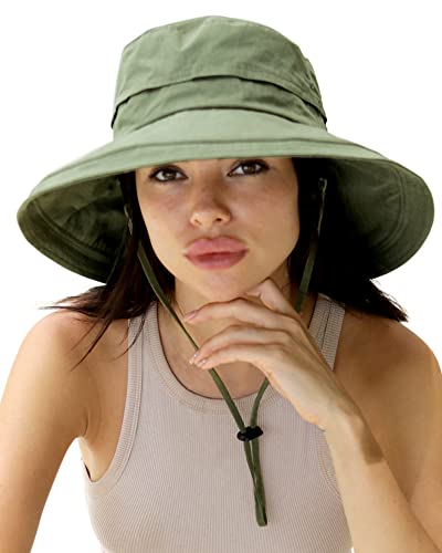 Green Cotton Sun Hat for Women, Fold-Up Wide Brim