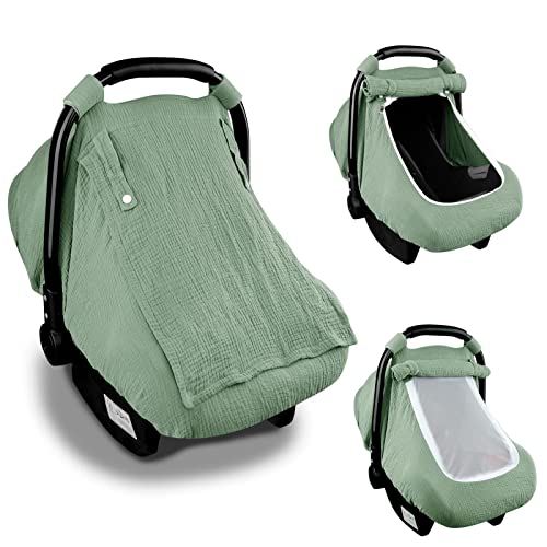 Green Muslin Baby Car Seat Cover with Window by Hooyax