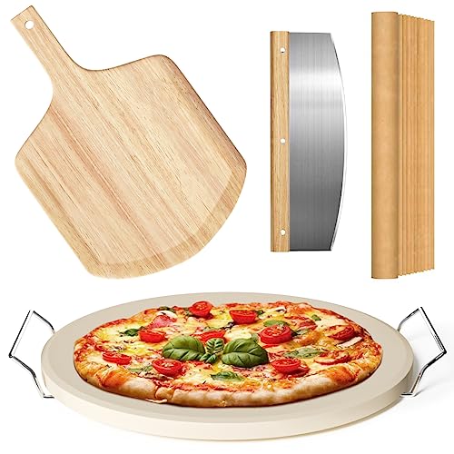 Gyreuni 5-Piece Pizza Stone Set with Pizza Peel, Cutter & Cooking Paper