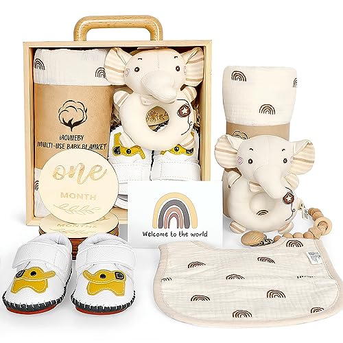 iAOVUEBY Baby Shower Gift Set: Swaddle Blanket, Rattle, Milestones, Bibs & More