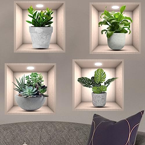 iMagitek 4 Pack 3D Green Plants Wall Stickers for Home Decor