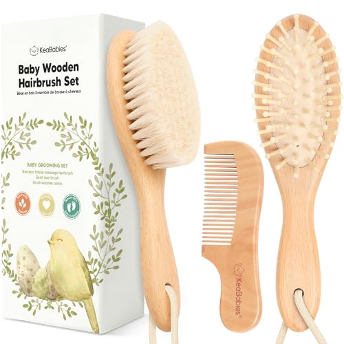 KeaBabies Newborn Wooden Baby Hair Brush and Comb Set