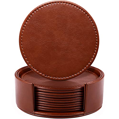 LAMOTI Handmade Leather Coasters Set of 6 with Holder, Brown