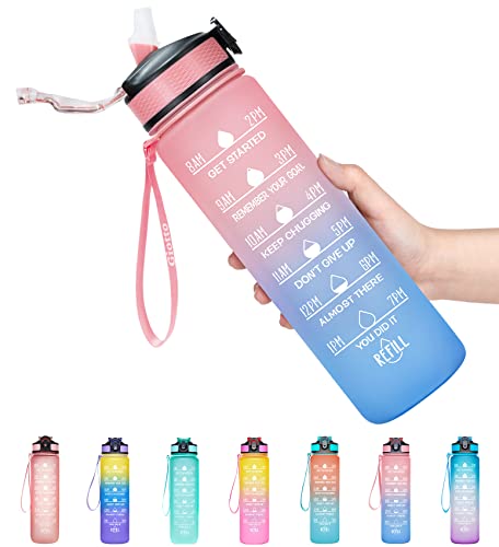 Large 32oz BPA-Free Water Bottle with Time Marker & Straw - Ombre Pink Blue
