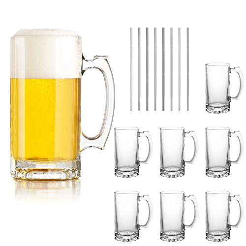 Large Glass Beer Mugs With Handle, Set of 8, 16oz