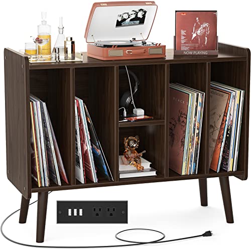 Large Vinyl Record Storage Table with Power Outlet and Round Wood Legs
