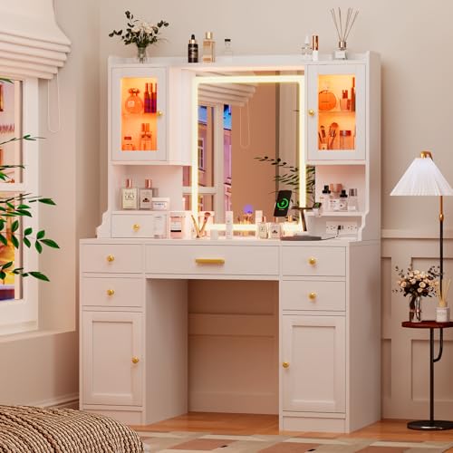 Large White Vanity Desk with Mirror