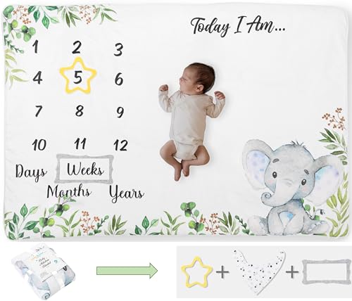 Little Dolphy Baby Milestone Blanket: Monthly Growth Chart (Light Gray Elephant)