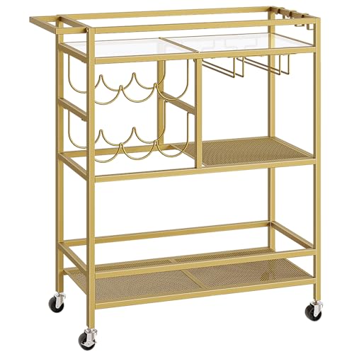 MahanCris Gold 3-Tier Bar Cart with Wine Rack and Glass Holders